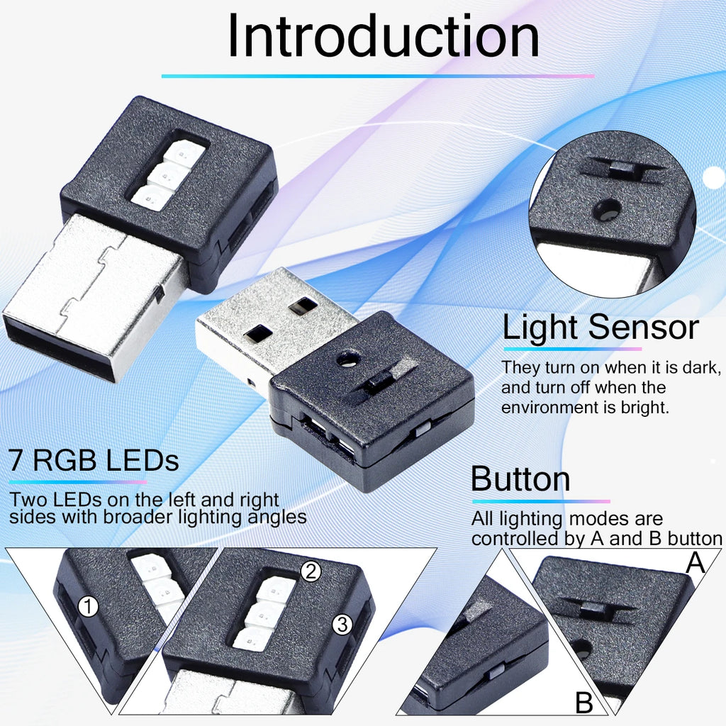 Three Sides Emit Light USB Type-A Car LED Ambient Light RGB Atmosphere Lamp, Interior Dimmable Mood Lighting for Cars/SUV/Trucks